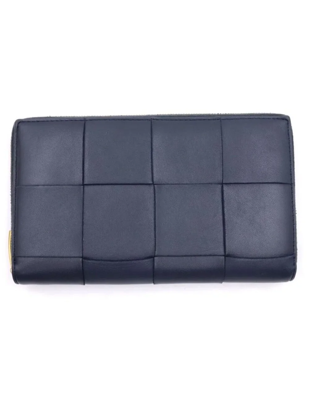 Bottega Veneta Maxi Intrecciato Round Zip Wallet Card Case Navy Leather Gold